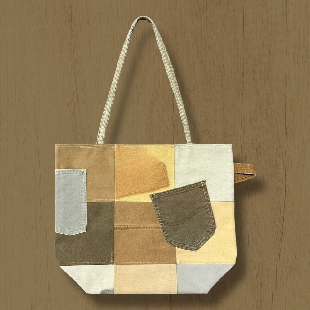 Handmade Bag Patchwork Canvas Denim Earth Tone 12x6.5x15